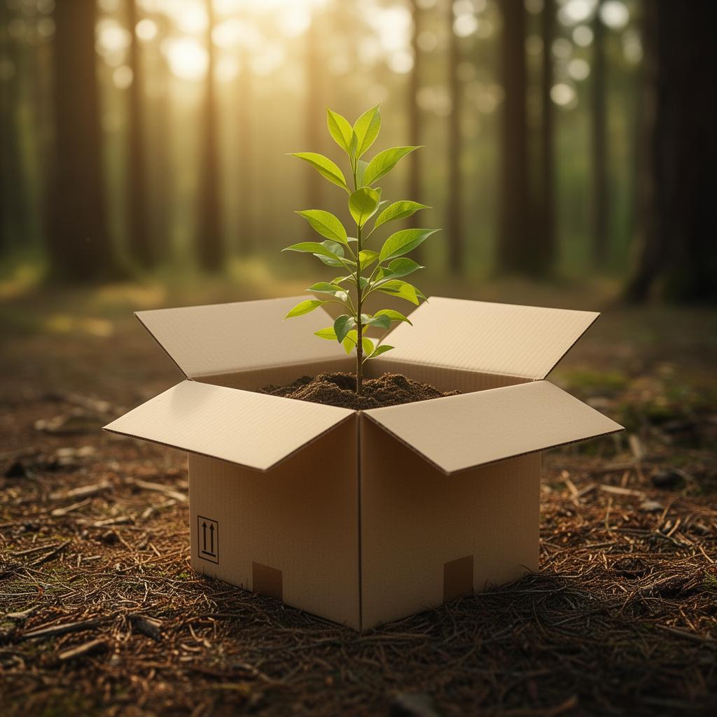 A young sapling growing out of an open cardboard shipping box on a sunlit forest floor