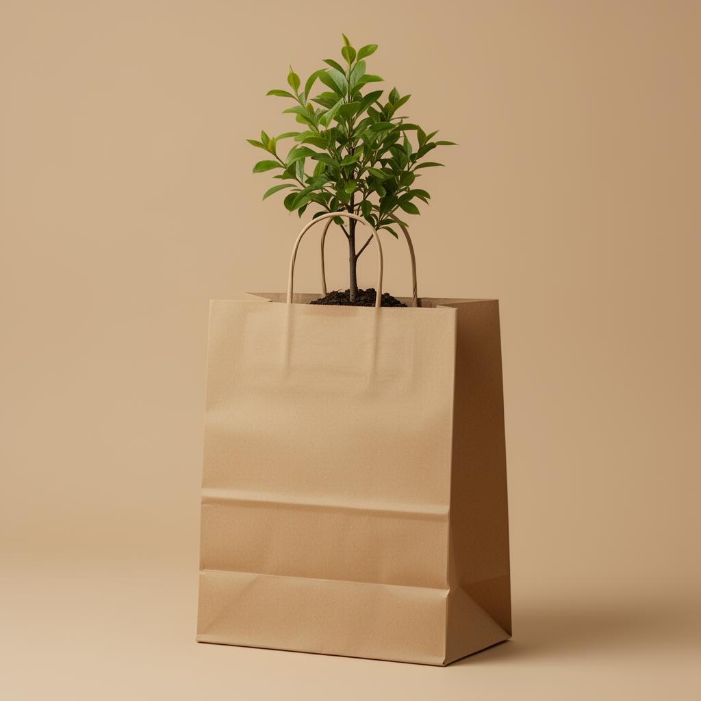 A small tree sprouting from a kraft paper shopping bag on a soft earth-tone studio background