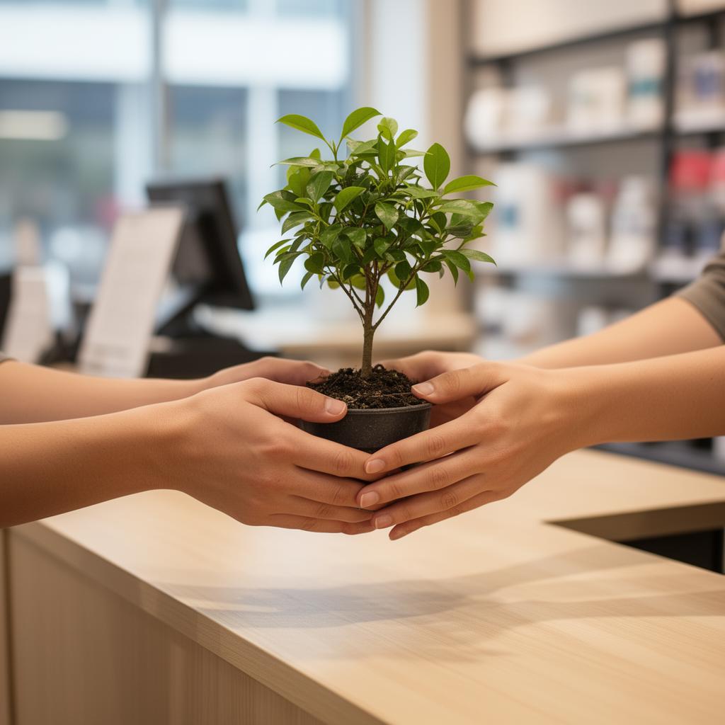 Hands passing a young potted tree sapling over a retail checkout counter