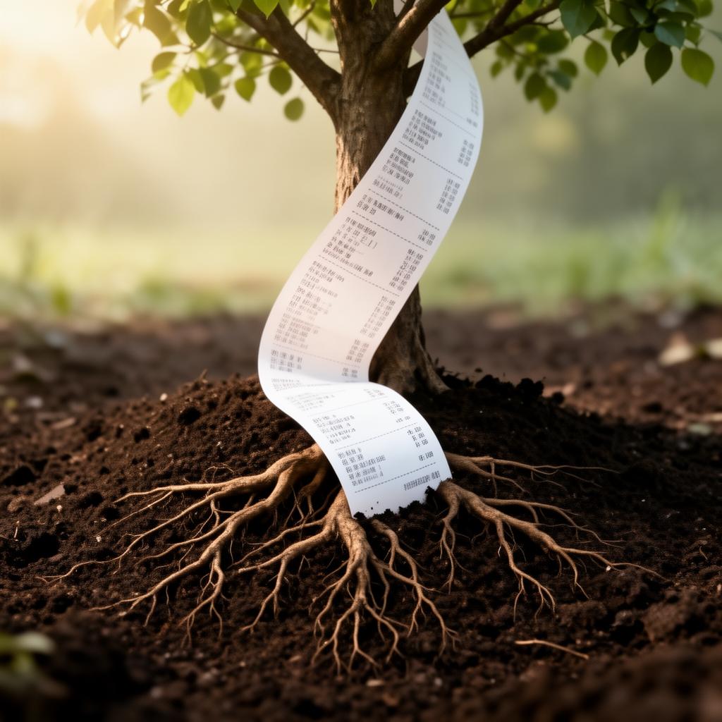 A long paper receipt curling down into soil and transforming into tree roots